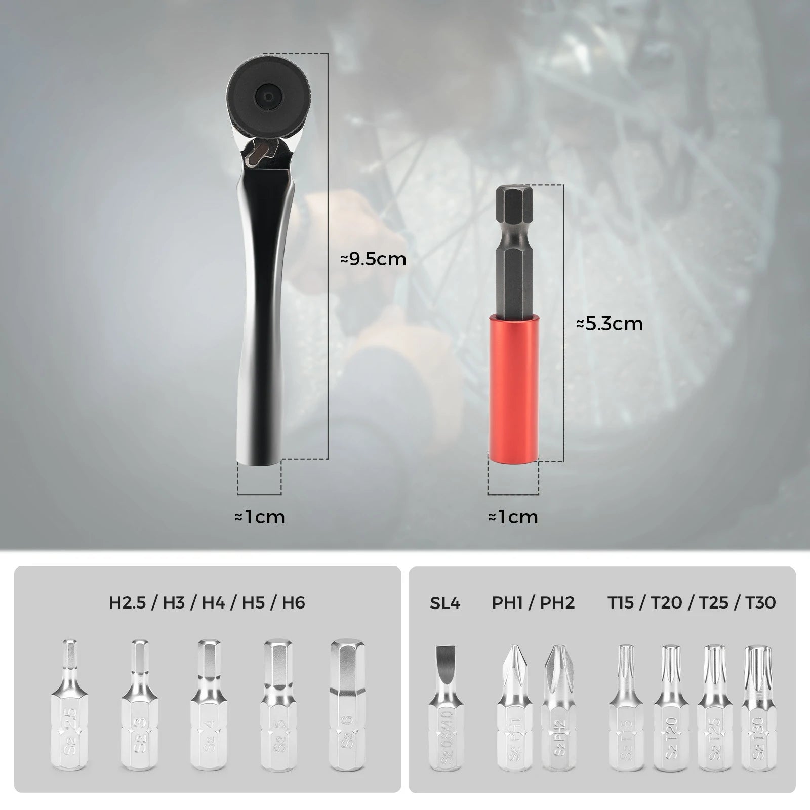 Portable cycling tool kit with mini ratchet and 12 bits for bikes