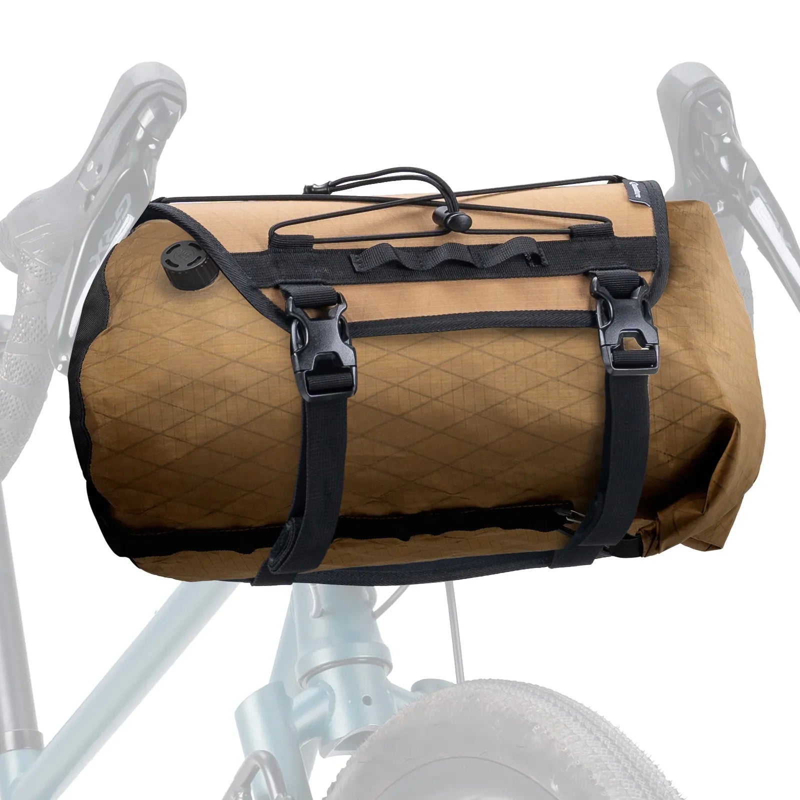Brown quilted bike bag with black straps on a bicycle frame against a white background