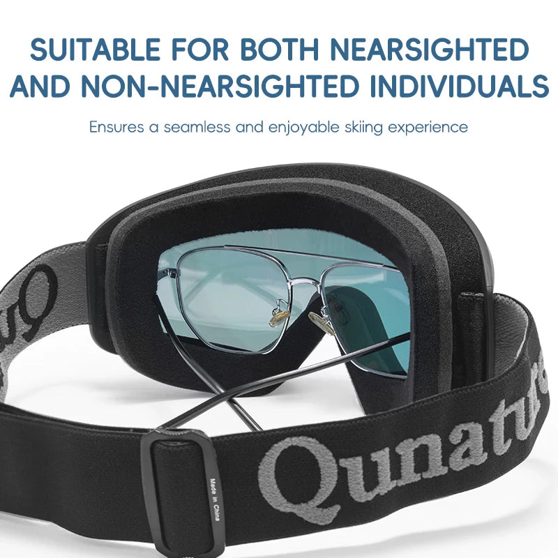 Ski goggles with a black strap labeled 'Qunature' on a white background