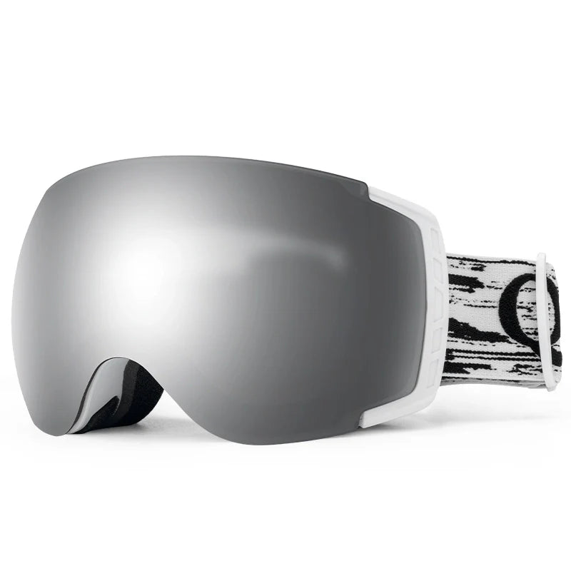 Gray ski goggles with a black and white strap on a white background#Color_White