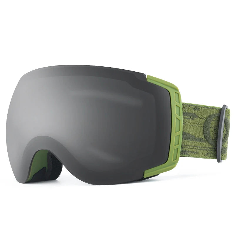 Gray ski goggles with green strap on a white background#Color_Dark Green
