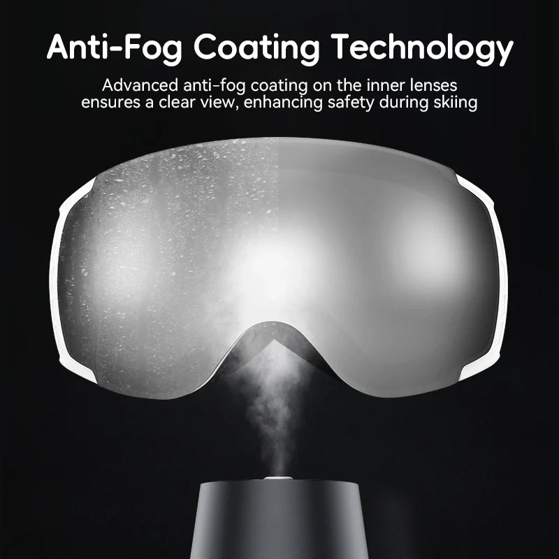 Ski goggles with anti-fog coating technology on a black background