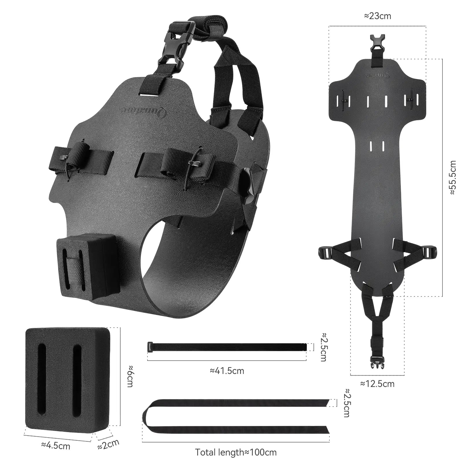 Black dog muzzle and harness set with measurements on a white background
