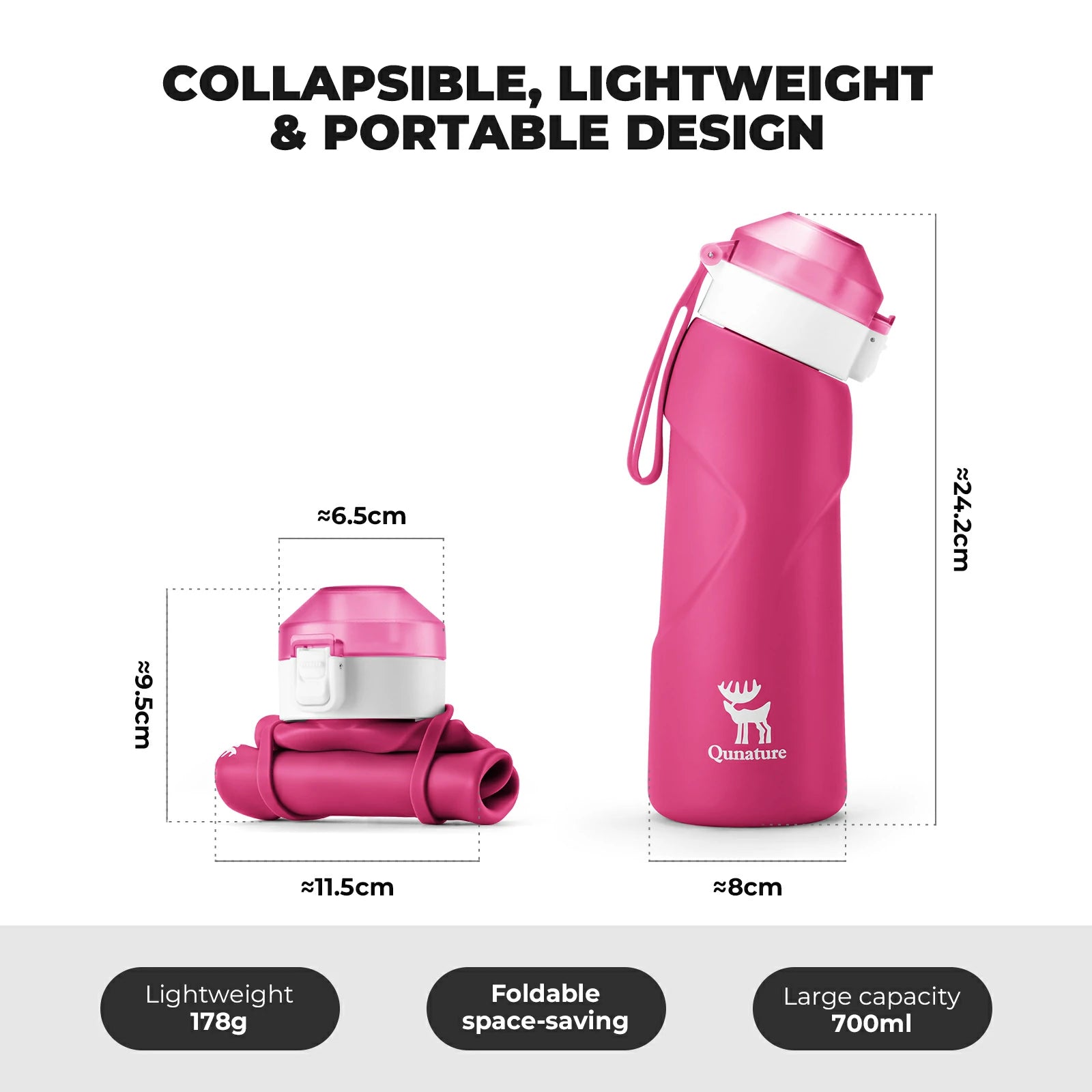 qunature 700 ml collapsible silicone water bottle #Color_Pink