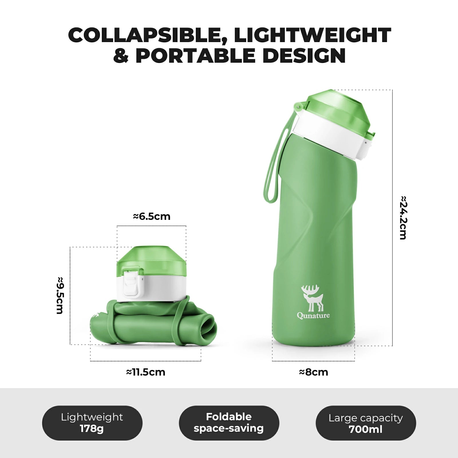 qunature 700 ml collapsible silicone water bottle #Color_Green