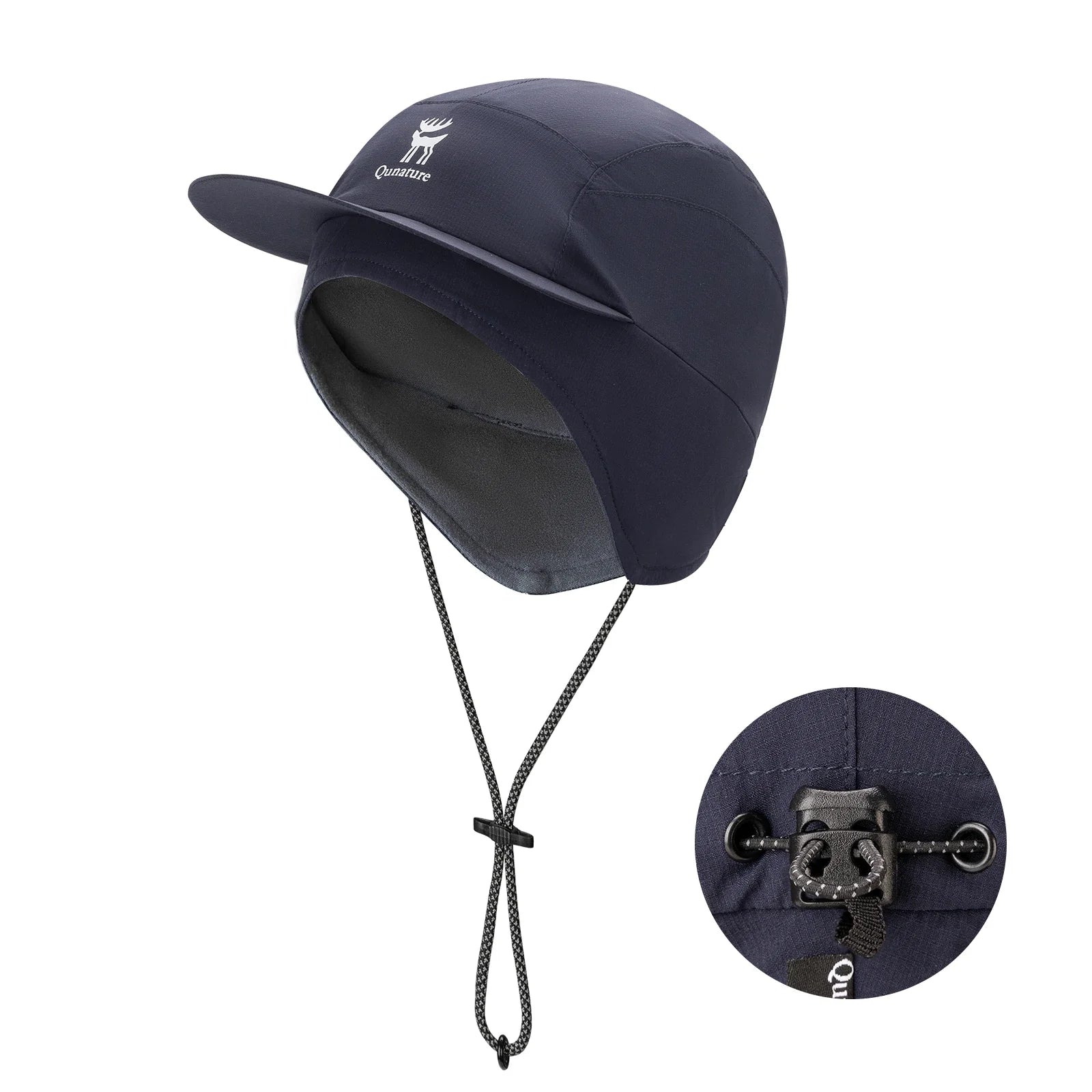 Navy blue cap with chin strap and brand logo on a white background#color_dark Blue