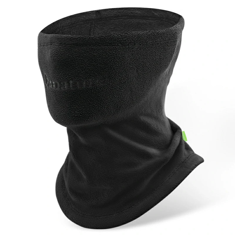 A black fleece neck gaiter with extended coverage for the face and neck, featuring a small green logo on the lower side.#Color_Black