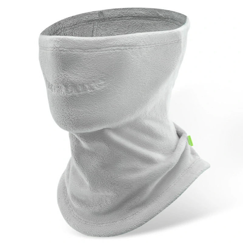 A black fleece neck gaiter with extended coverage for the face and neck, featuring a small green logo on the lower side.#Color_Gray