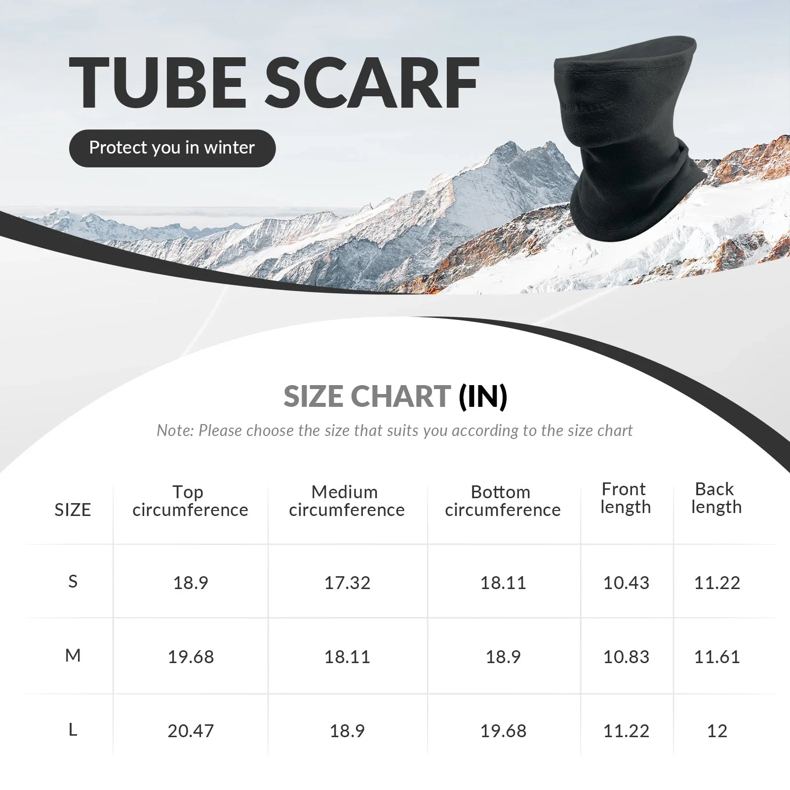 Black tube scarf with size chart against a mountainous background