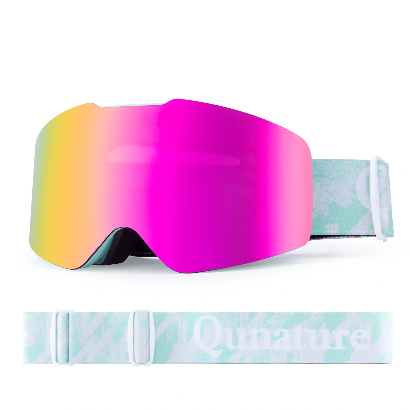Pink ski goggles with a colorful lens on a white background#Color_Sky Blue