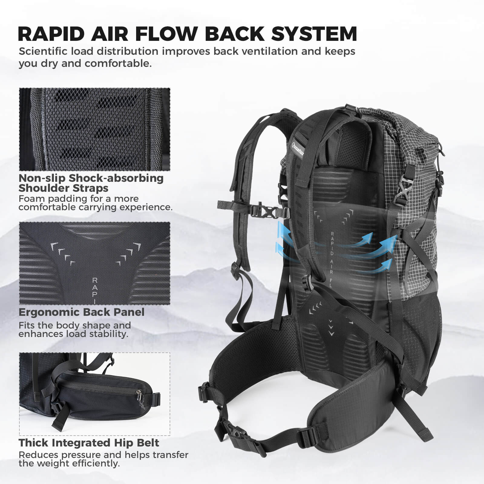 Qunature lightweight hiking backpack designed for outdoor adventures, offering comfort, durability, and practical storage options.