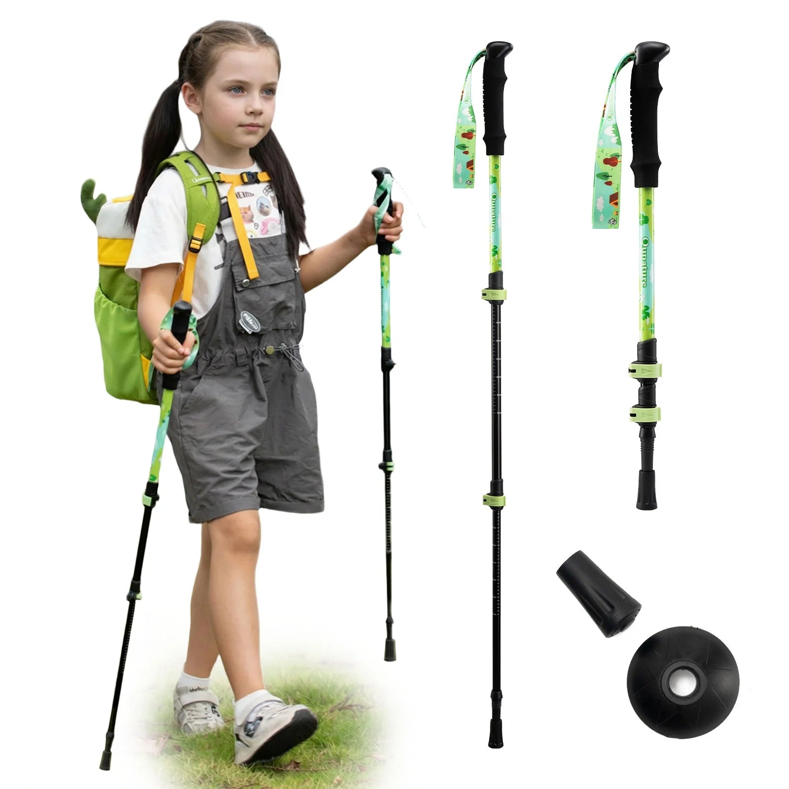 Child with hiking gear including a backpack, poles, and accessories on a white background#color_green