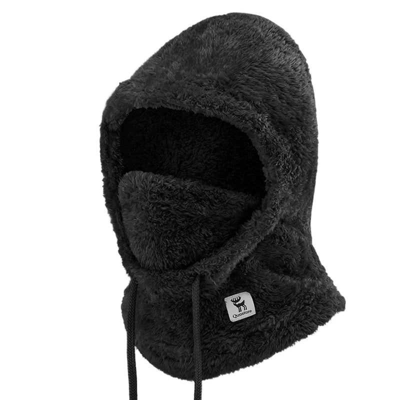 Black fleece hood with a brand logo on a white background