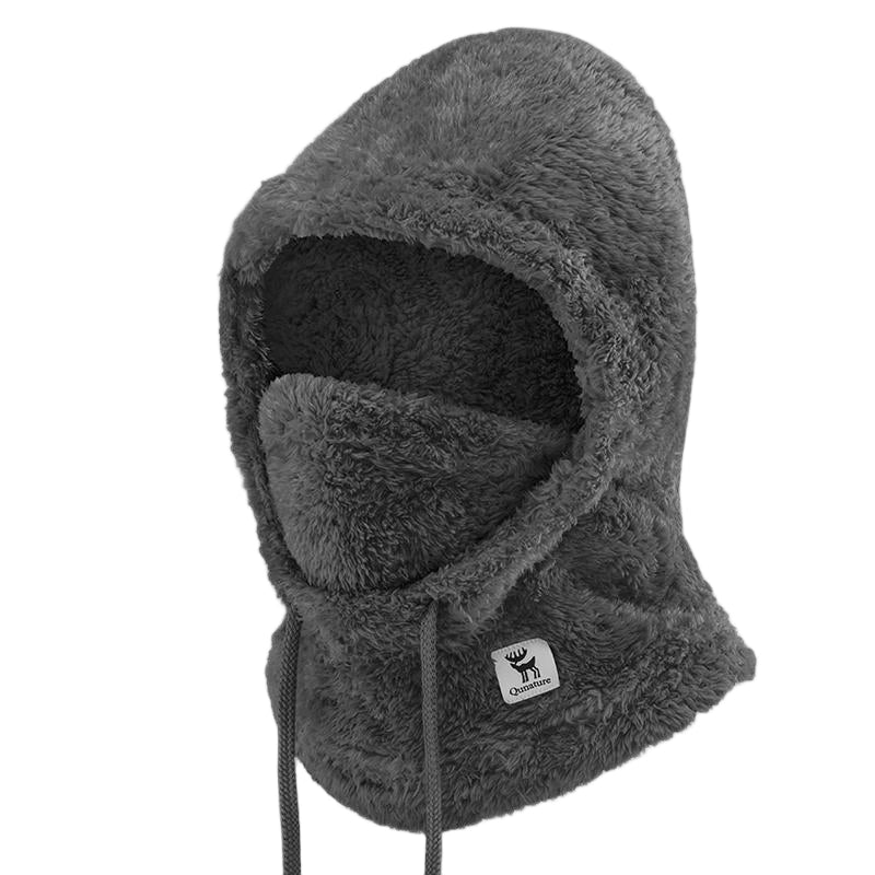 Gray fleece balaclava with a brand logo on a white background