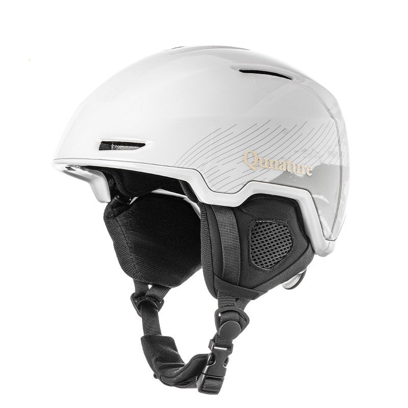 A white Qunature ski helmet with adjustable ventilation and a detachable liner, designed for winter sports#Color_White