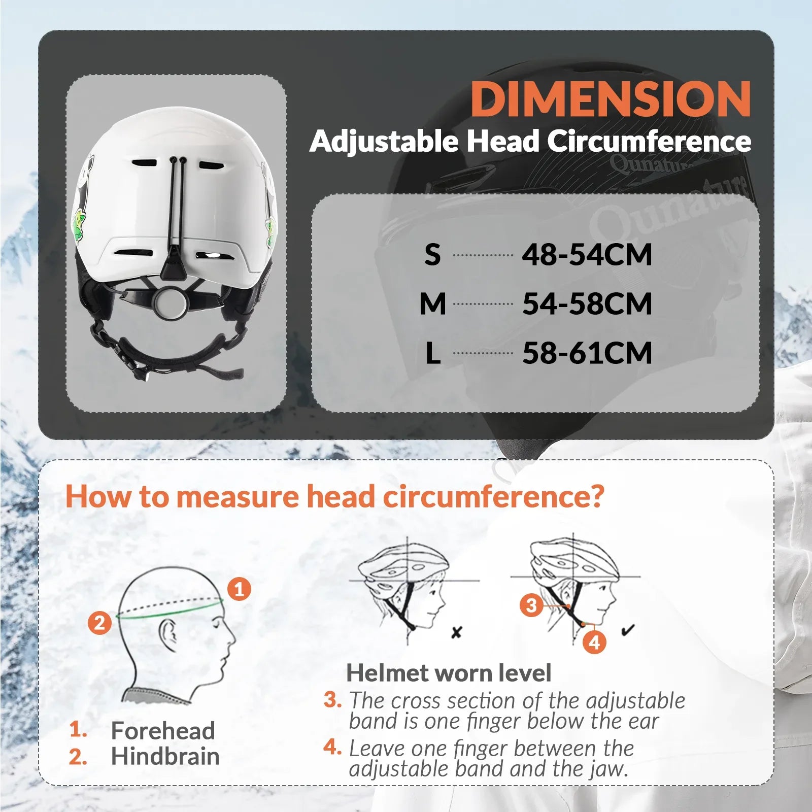 Helmet size chart with adjustable head circumference measurement guide on a light blue background#Color_White Shiny