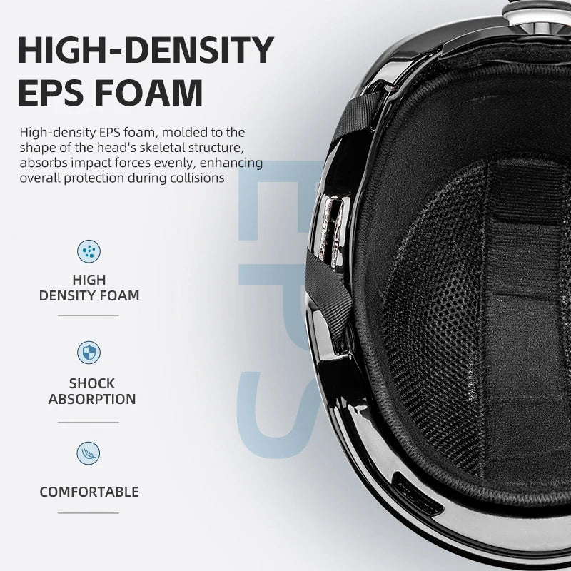 Close-up of a helmet interior with high-density EPS foam, text explaining its benefits.
