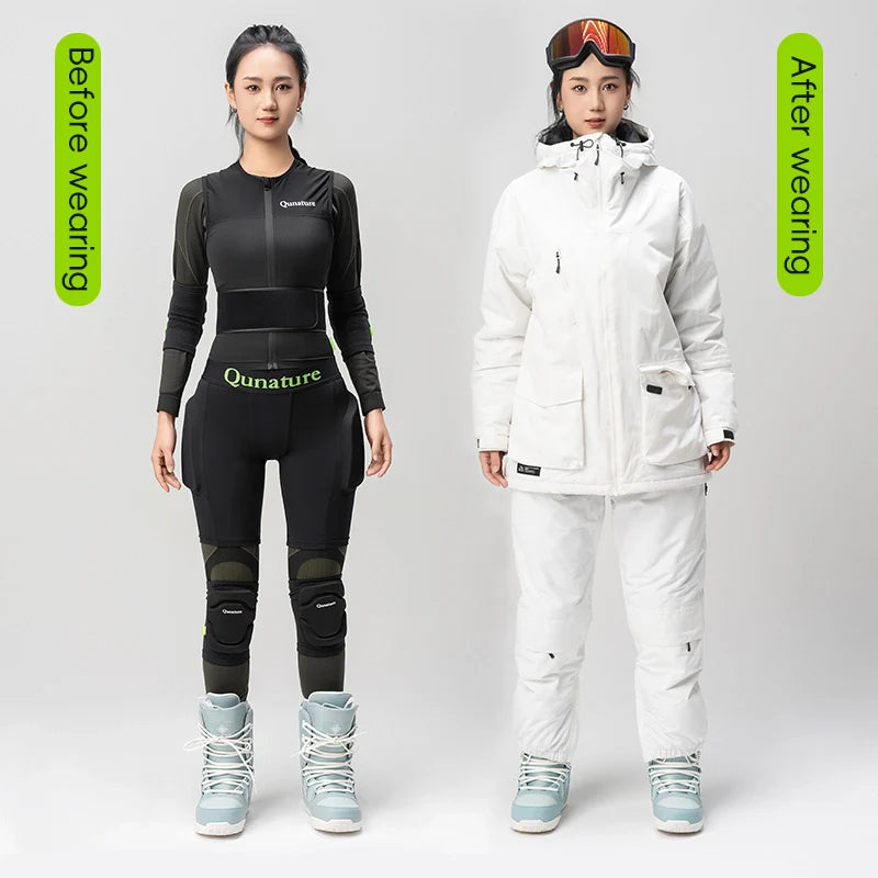 Before and after wearing Qunature thermal underwear and ski jacket on a plain background