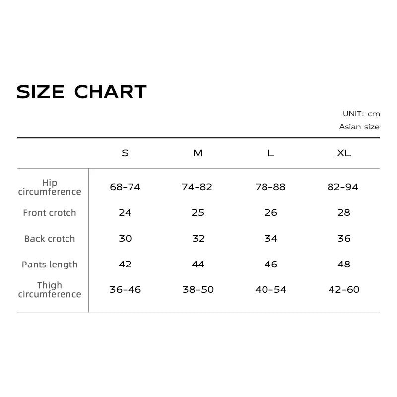 Size chart for pants with measurements in centimeters and Asian sizes.