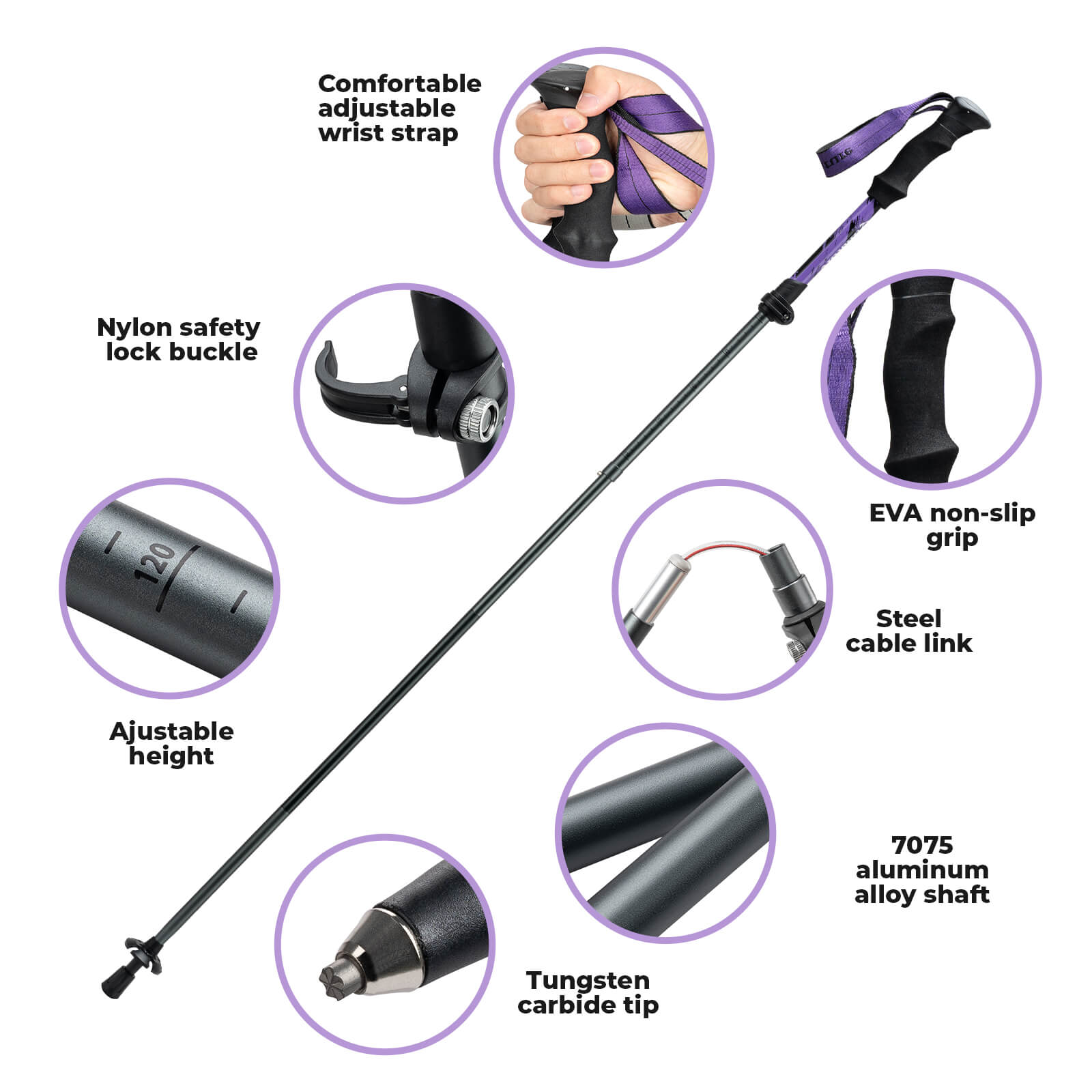 Qunature lightweight foldable trekking poles adjustable from 110 to 130cm, ideal for hiking, walking, and mountain adventures. #Color_Purple