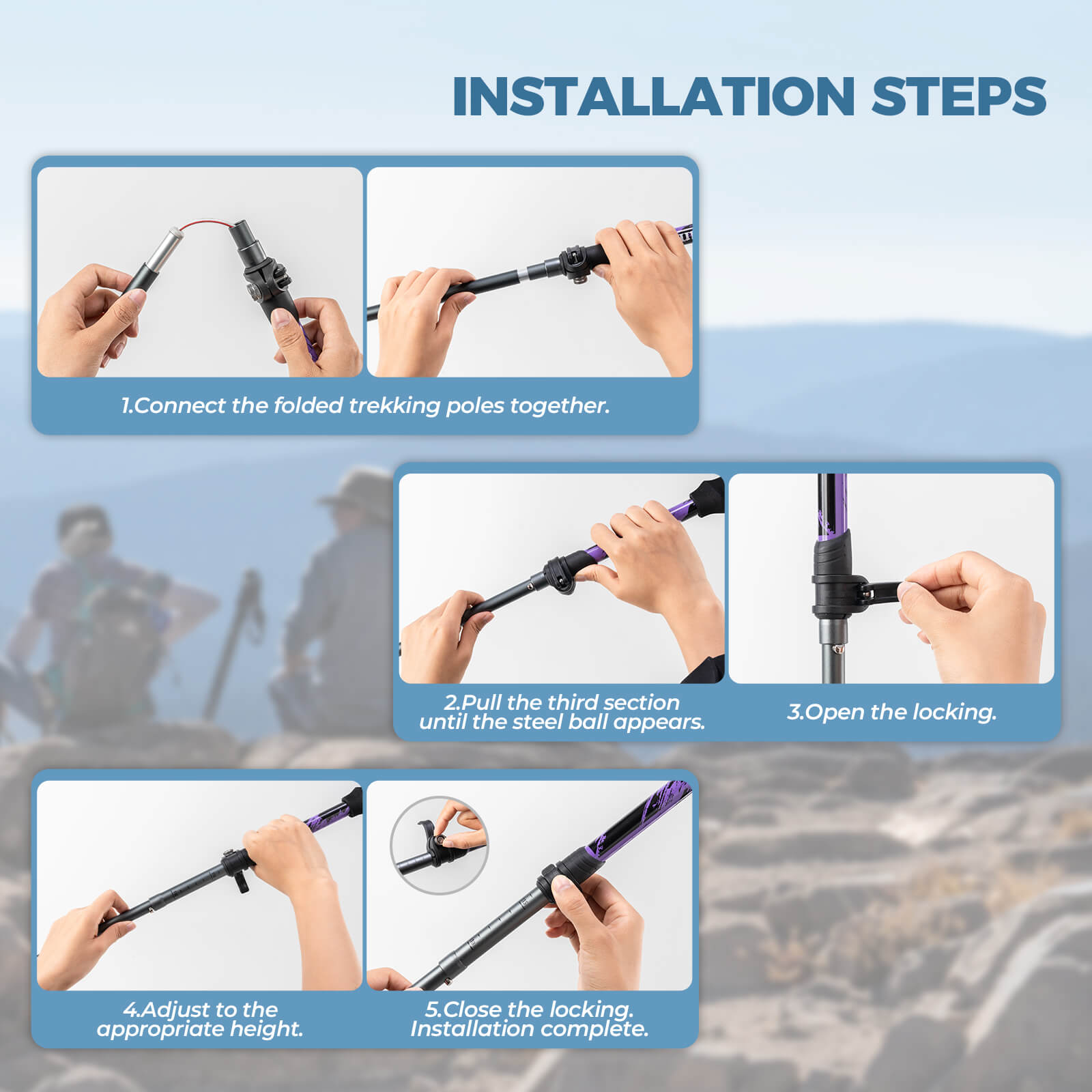 Qunature lightweight foldable trekking poles adjustable from 110 to 130cm, ideal for hiking, walking, and mountain adventures.
