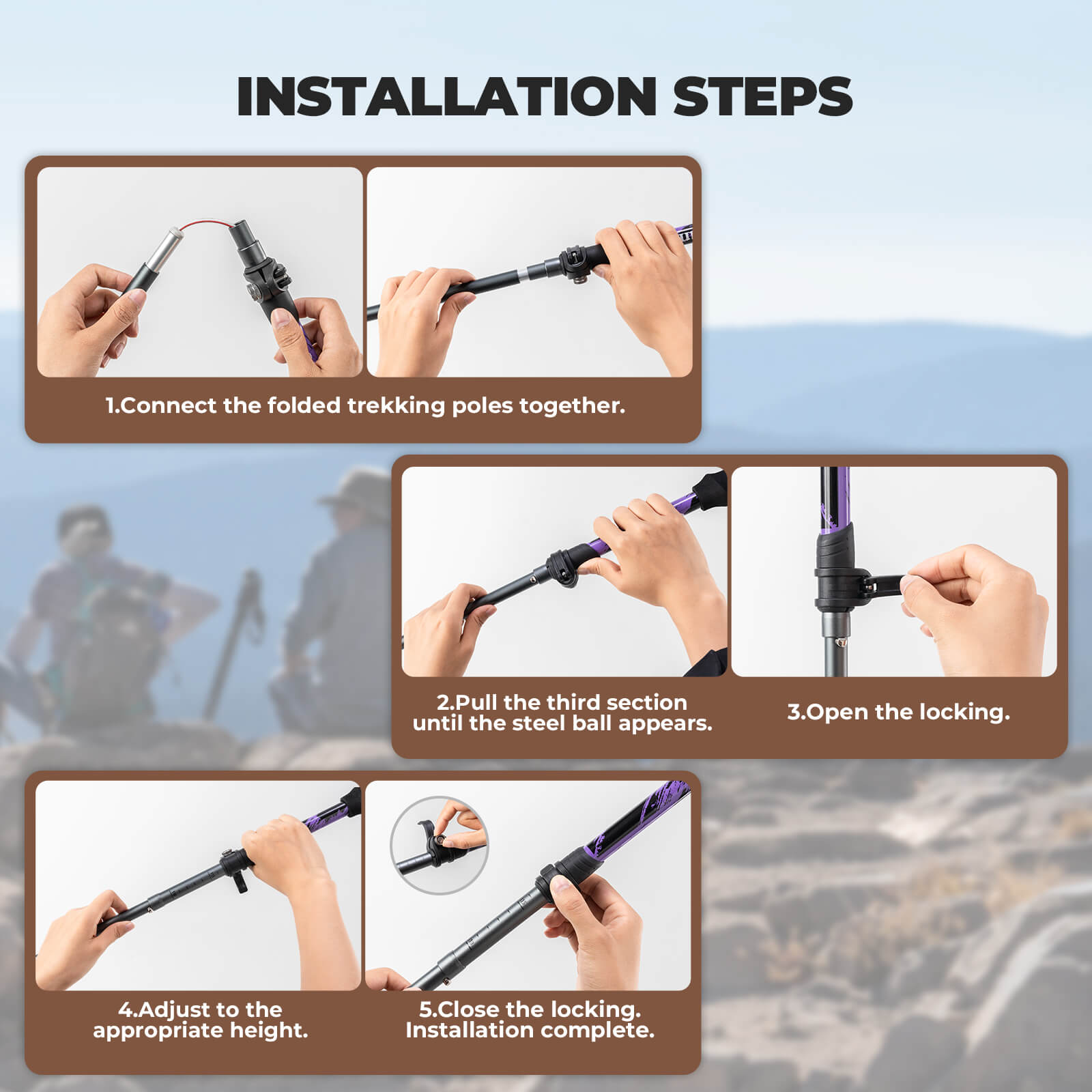 Qunature lightweight foldable trekking poles adjustable from 110 to 130cm, ideal for hiking, walking, and mountain adventures.