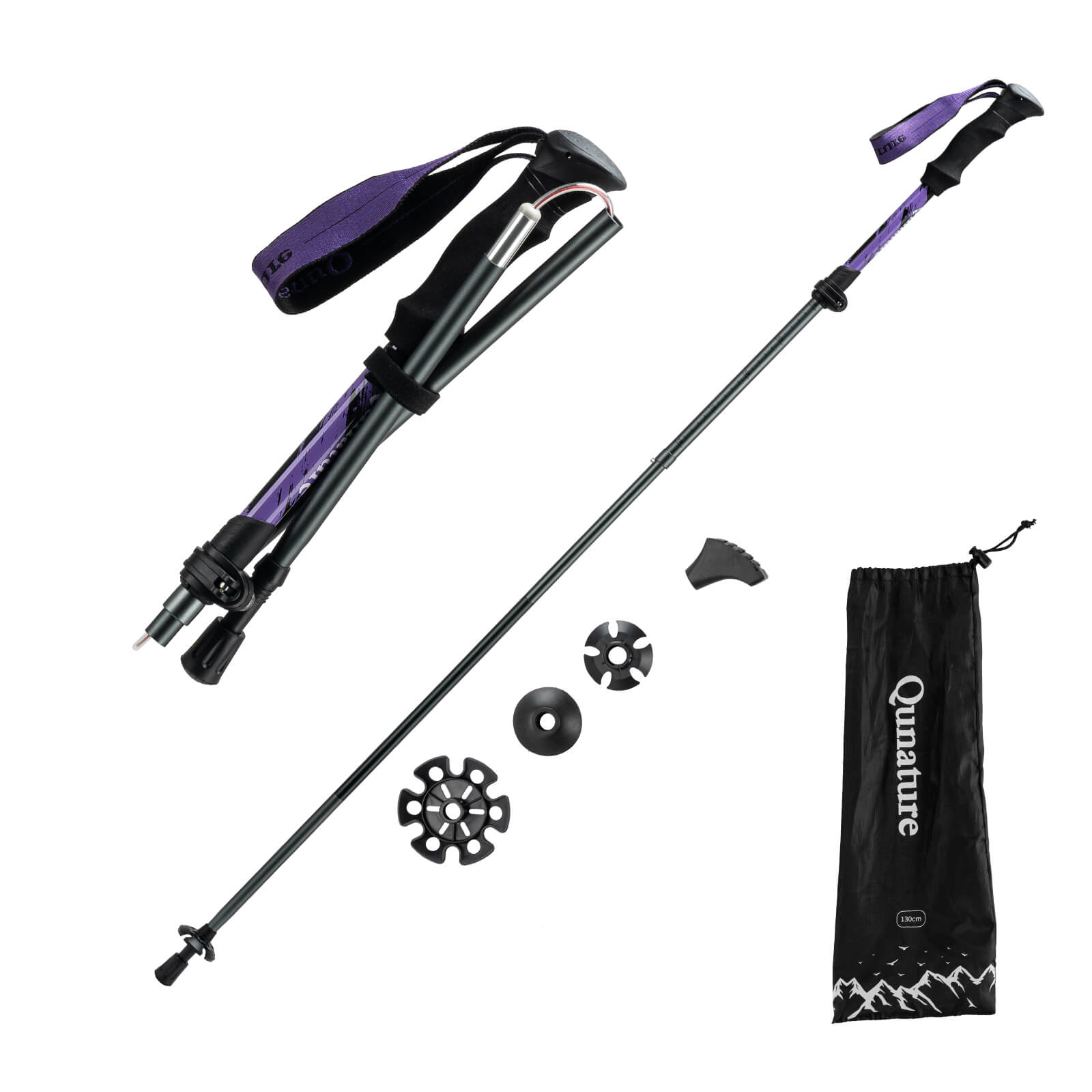 Qunature lightweight foldable trekking poles adjustable from 110 to 130cm, ideal for hiking, walking, and mountain adventures. #Color_Purple