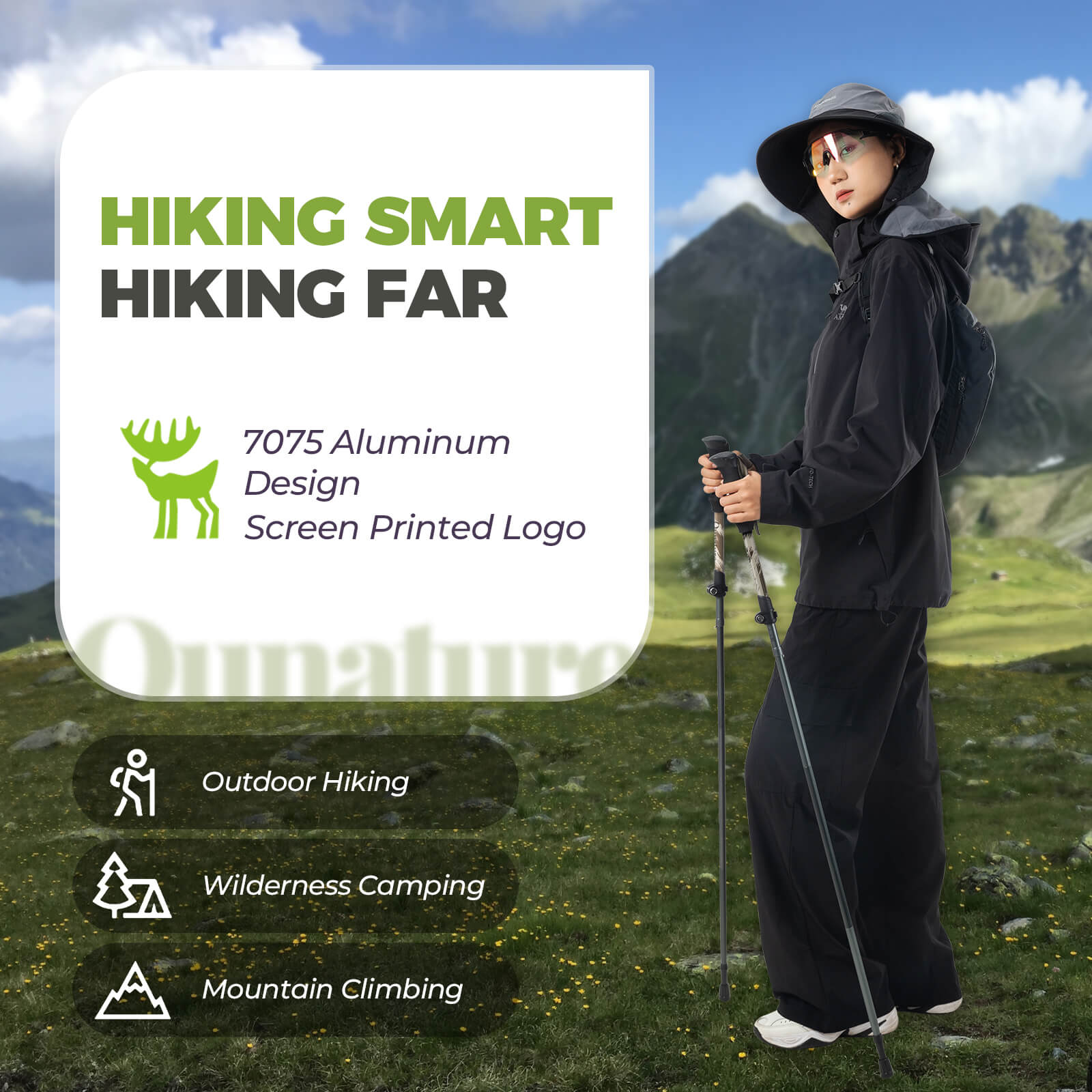 Qunature lightweight foldable trekking poles adjustable from 110 to 130cm, ideal for hiking, walking, and mountain adventures. #Color_Brown