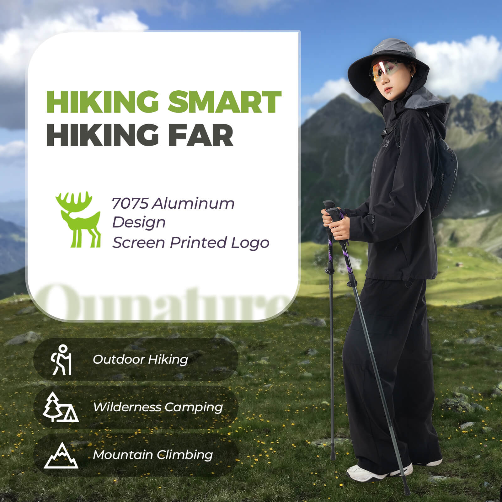 Qunature lightweight foldable trekking poles adjustable from 110 to 130cm, ideal for hiking, walking, and mountain adventures. #Color_Purple