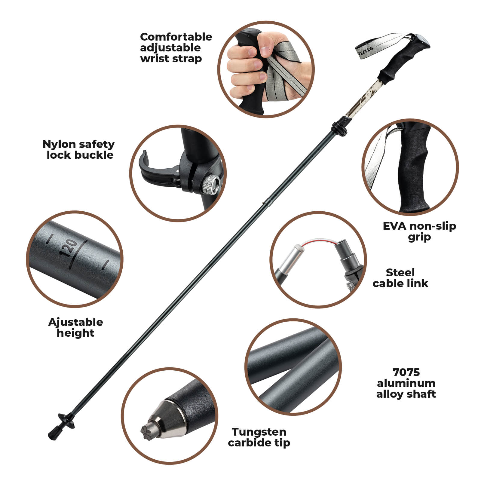 Qunature lightweight foldable trekking poles adjustable from 110 to 130cm, ideal for hiking, walking, and mountain adventures. #Color_Brown