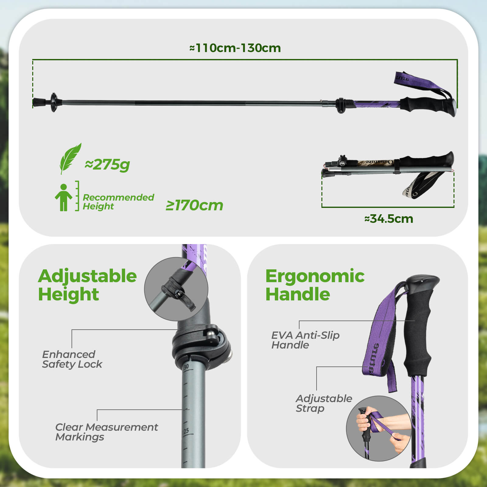Qunature lightweight foldable trekking poles adjustable from 110 to 130cm, ideal for hiking, walking, and mountain adventures. #Color_Purple