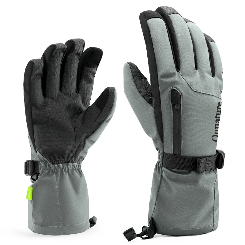 A pair of gray split-finger ski gloves
