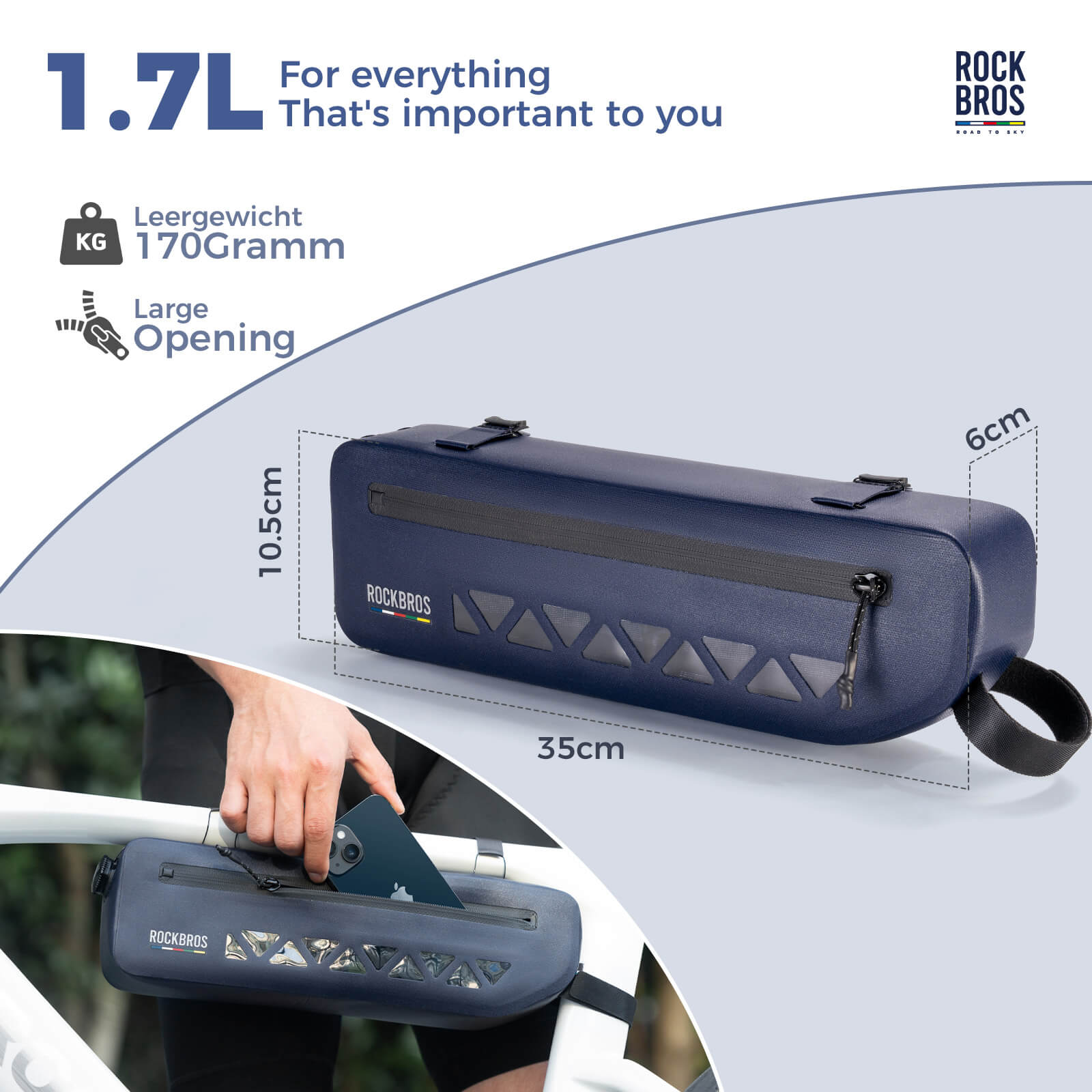road to sky 100% waterproof bike frame bag model as-142 with secure storage #Color_Blue