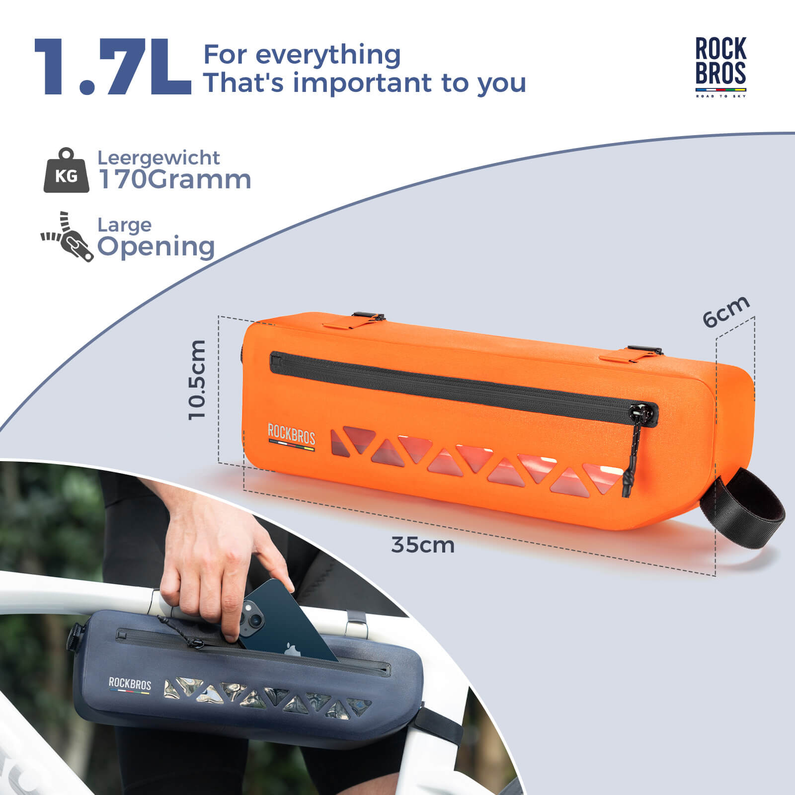 road to sky 100% waterproof bike frame bag model as-142 with secure storage #Color_Orange