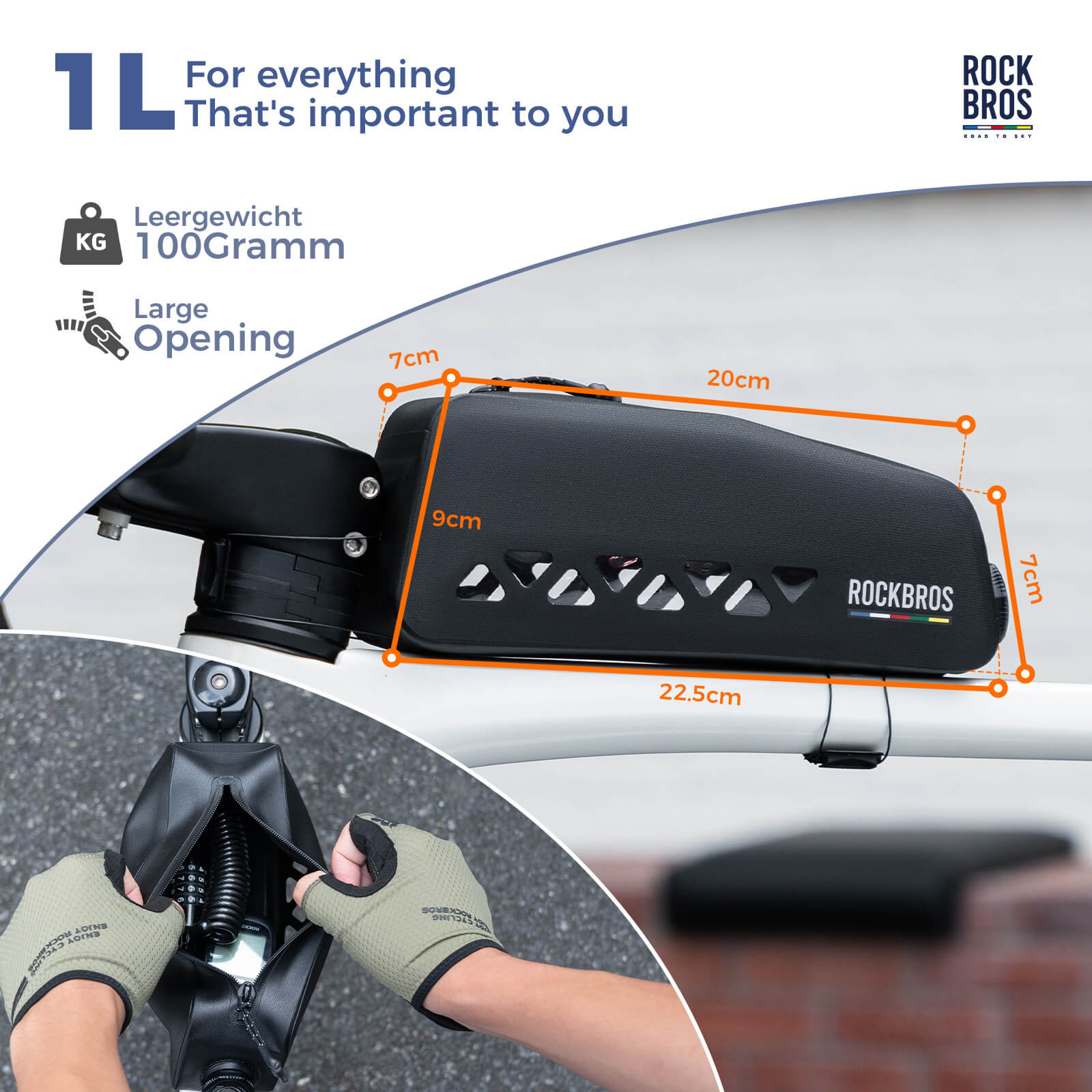 road to sky 100% waterproof bike frame bag model as-142 with secure storage