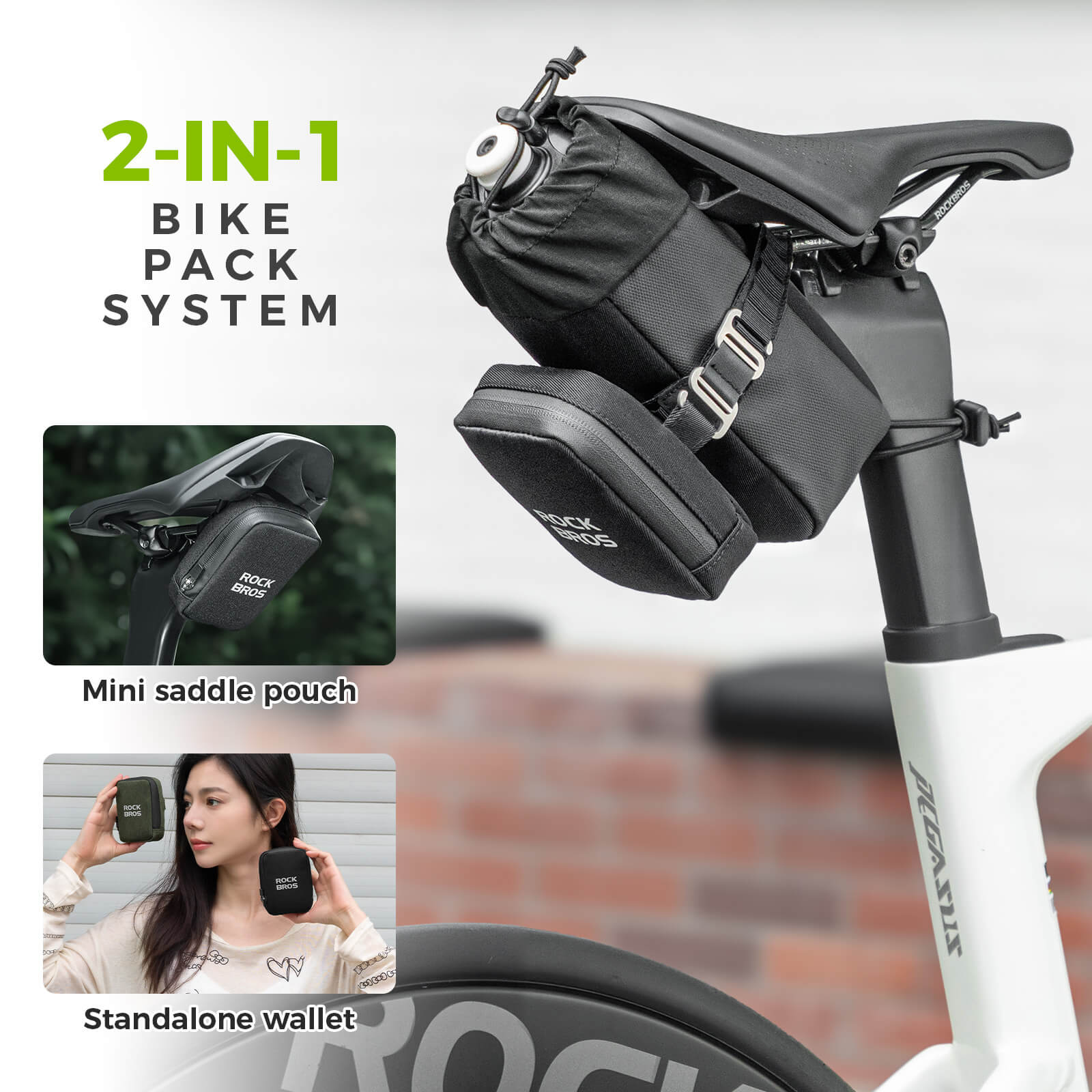 rockbros 2-in-1 black saddle bag with built-in bottle cage, 1.5 l waterproof pu shell and reflective trim
