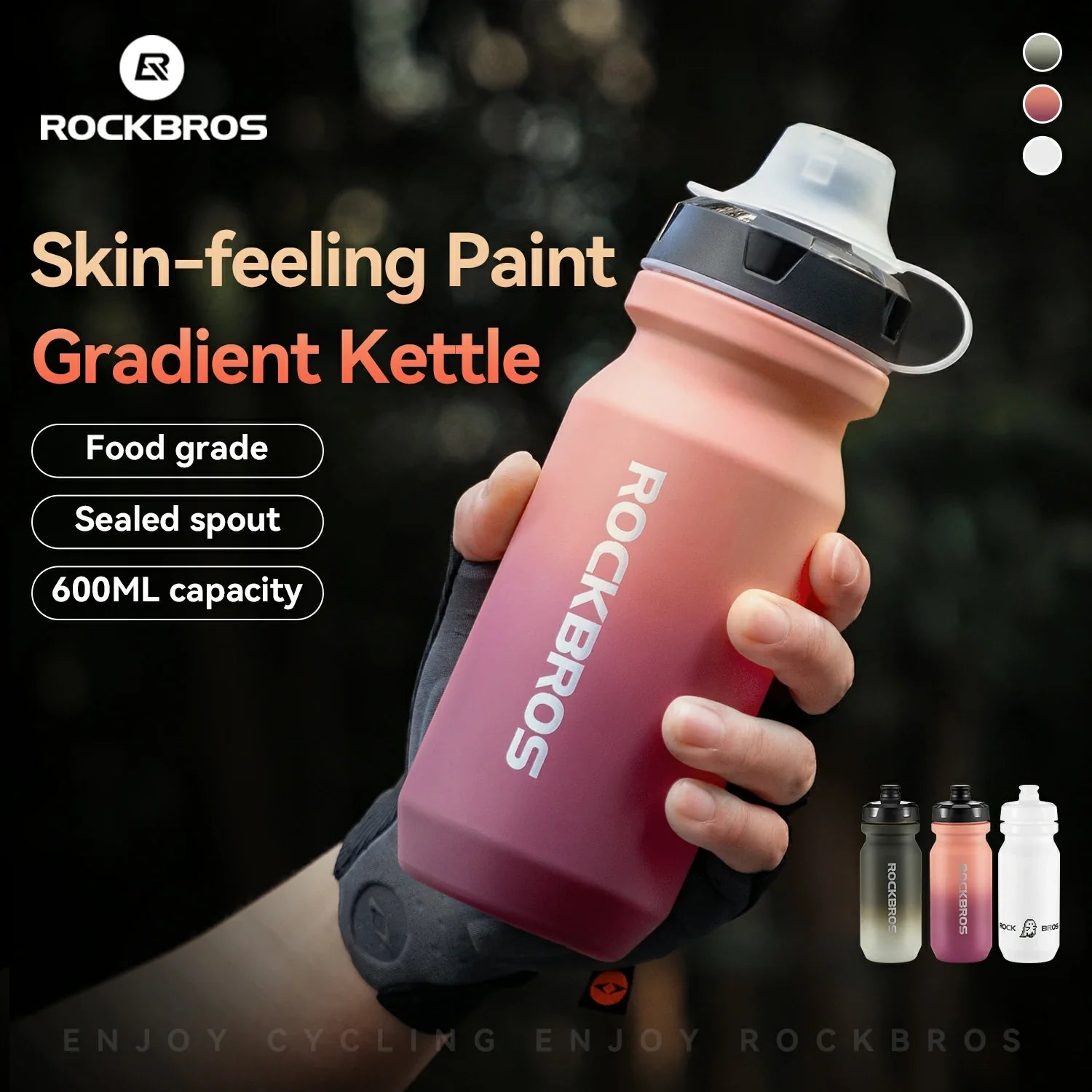 ROCKBROS lightweight bike bottle with pull-top lid, available in 600ml and 750ml sizes, designed for easy hydration during cycling. #Color_Gradient Red