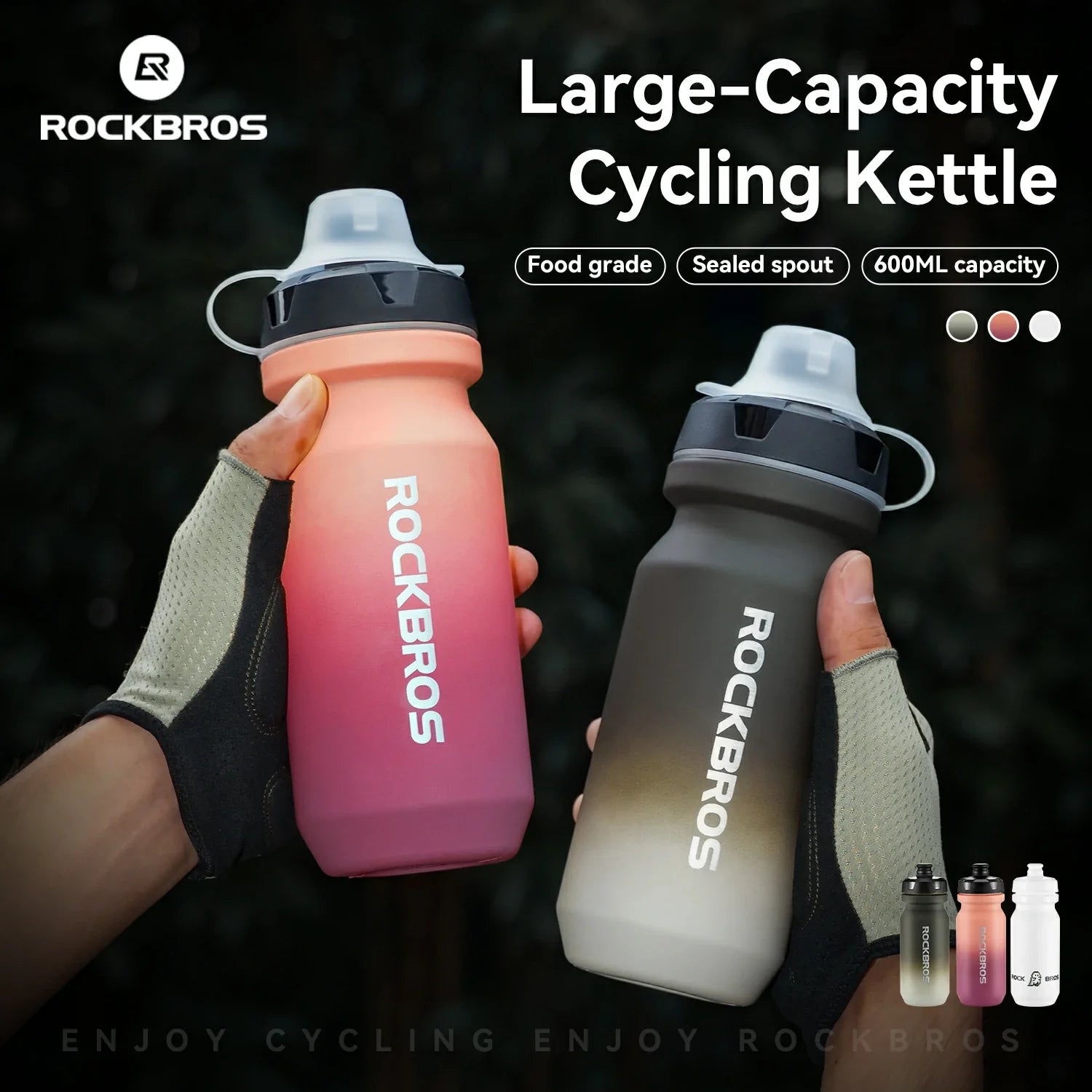 ROCKBROS lightweight bike bottle with pull-top lid, available in 600ml and 750ml sizes, designed for easy hydration during cycling.