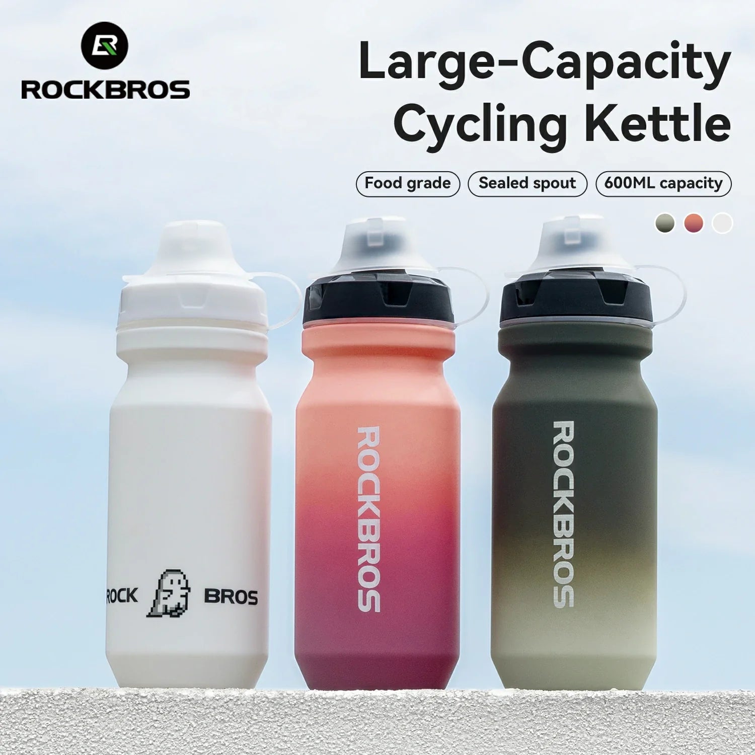 ROCKBROS lightweight bike bottle with pull-top lid, available in 600ml and 750ml sizes, designed for easy hydration during cycling.