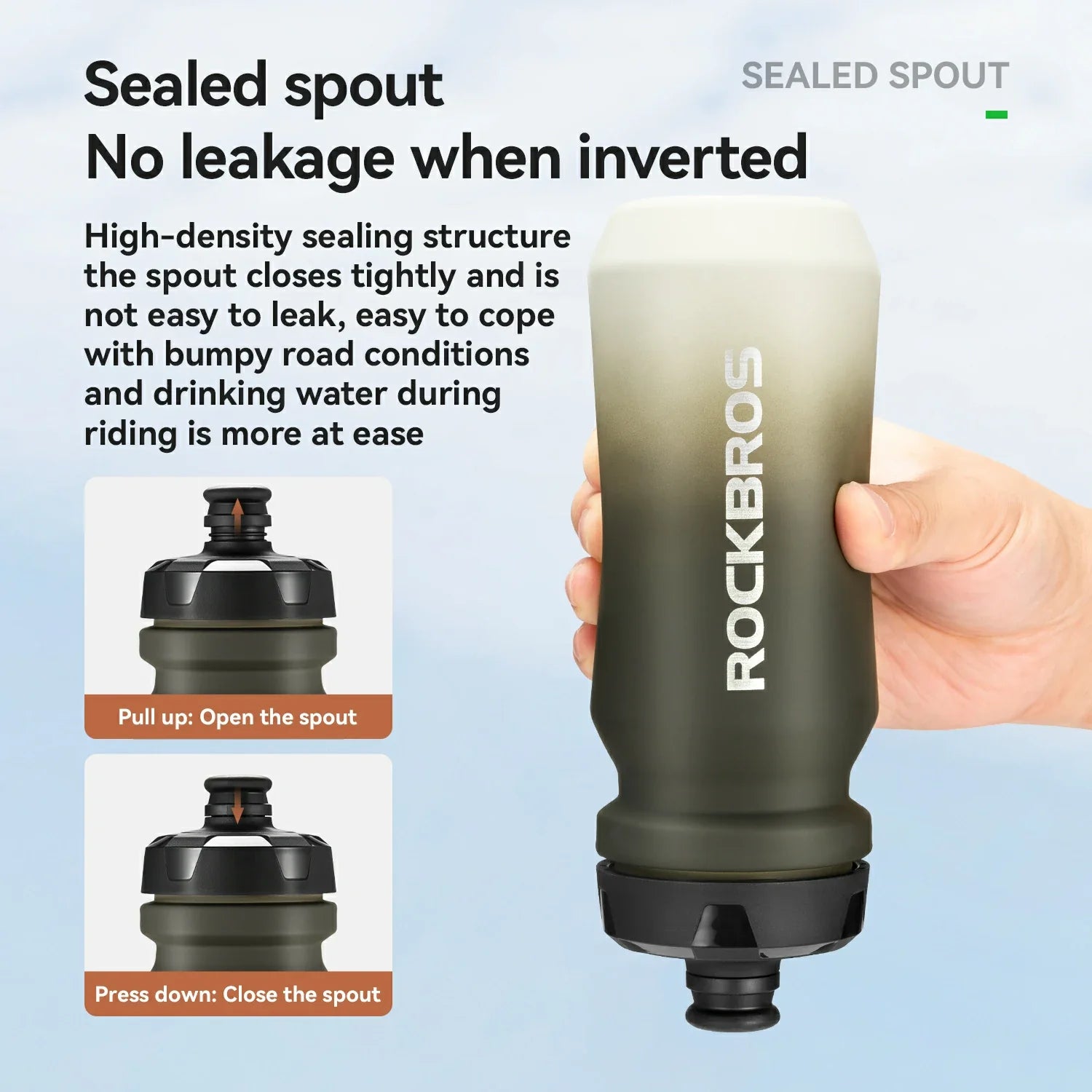 ROCKBROS lightweight bike bottle with pull-top lid, available in 600ml and 750ml sizes, designed for easy hydration during cycling. #Color_Gradient Gray White (600ml)