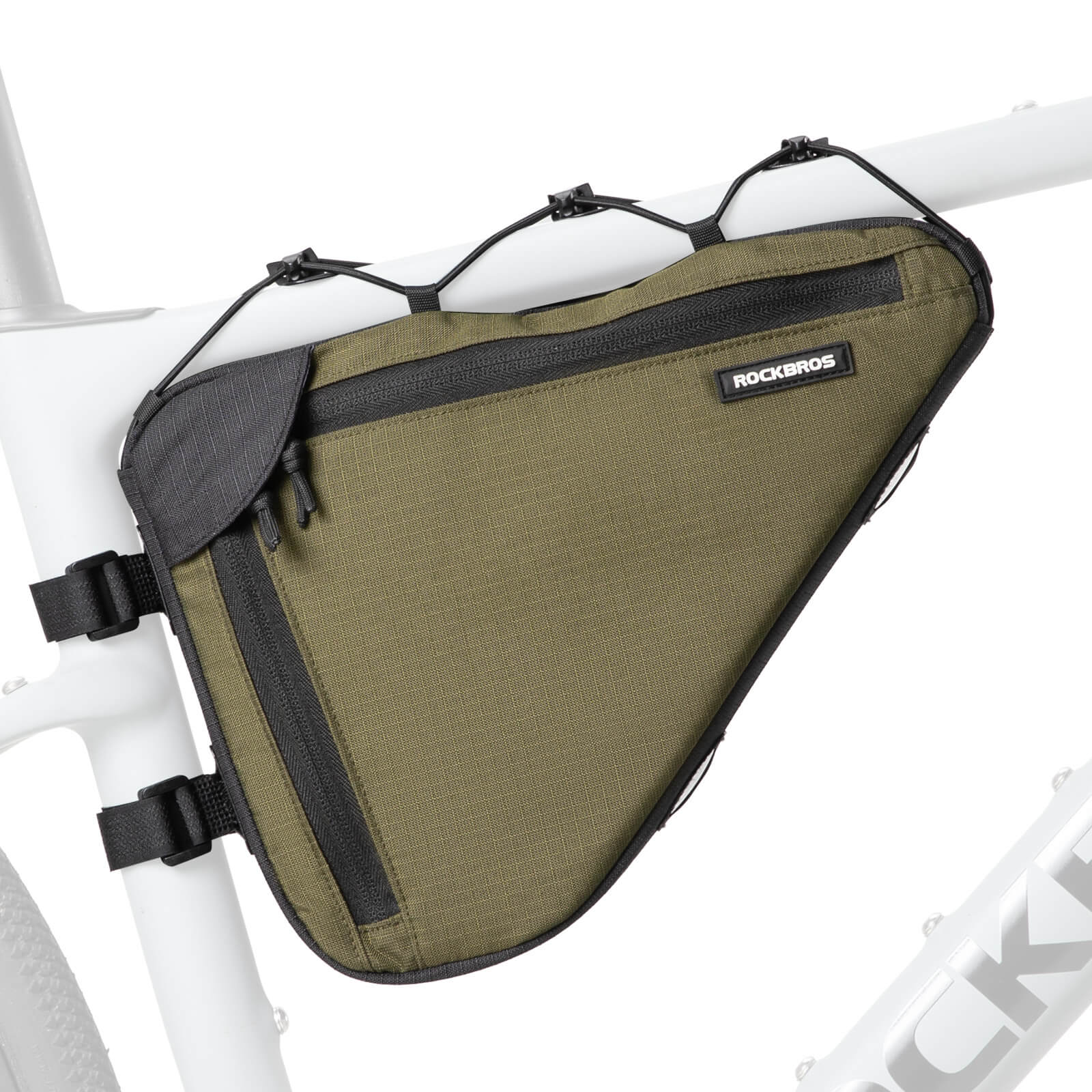 ROCKBROS 1.5L bike frame triangle bag B128, compact and durable design for convenient storage of essentials during cycling trips.