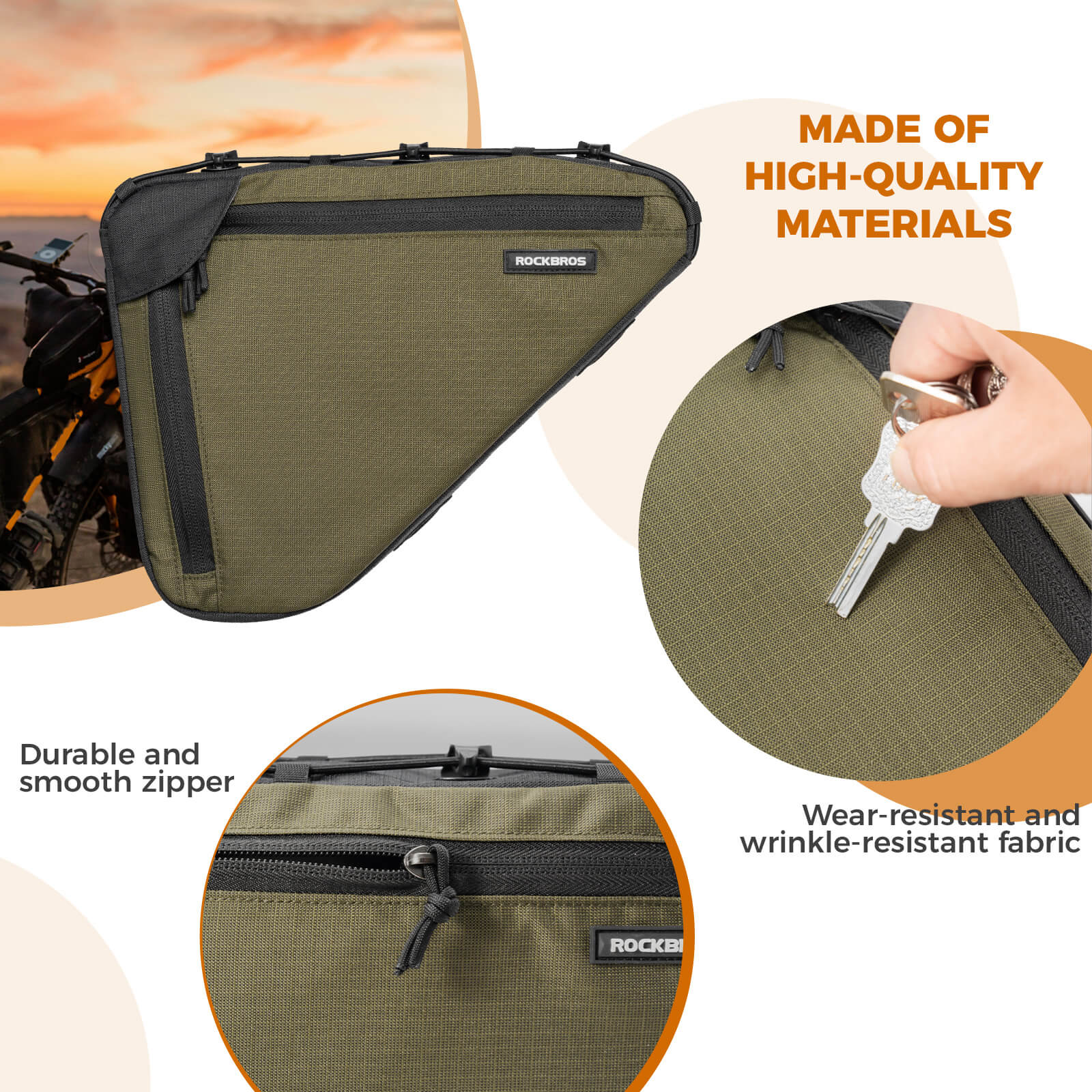 ROCKBROS 1.5L bike frame triangle bag B128, compact and durable design for convenient storage of essentials during cycling trips.