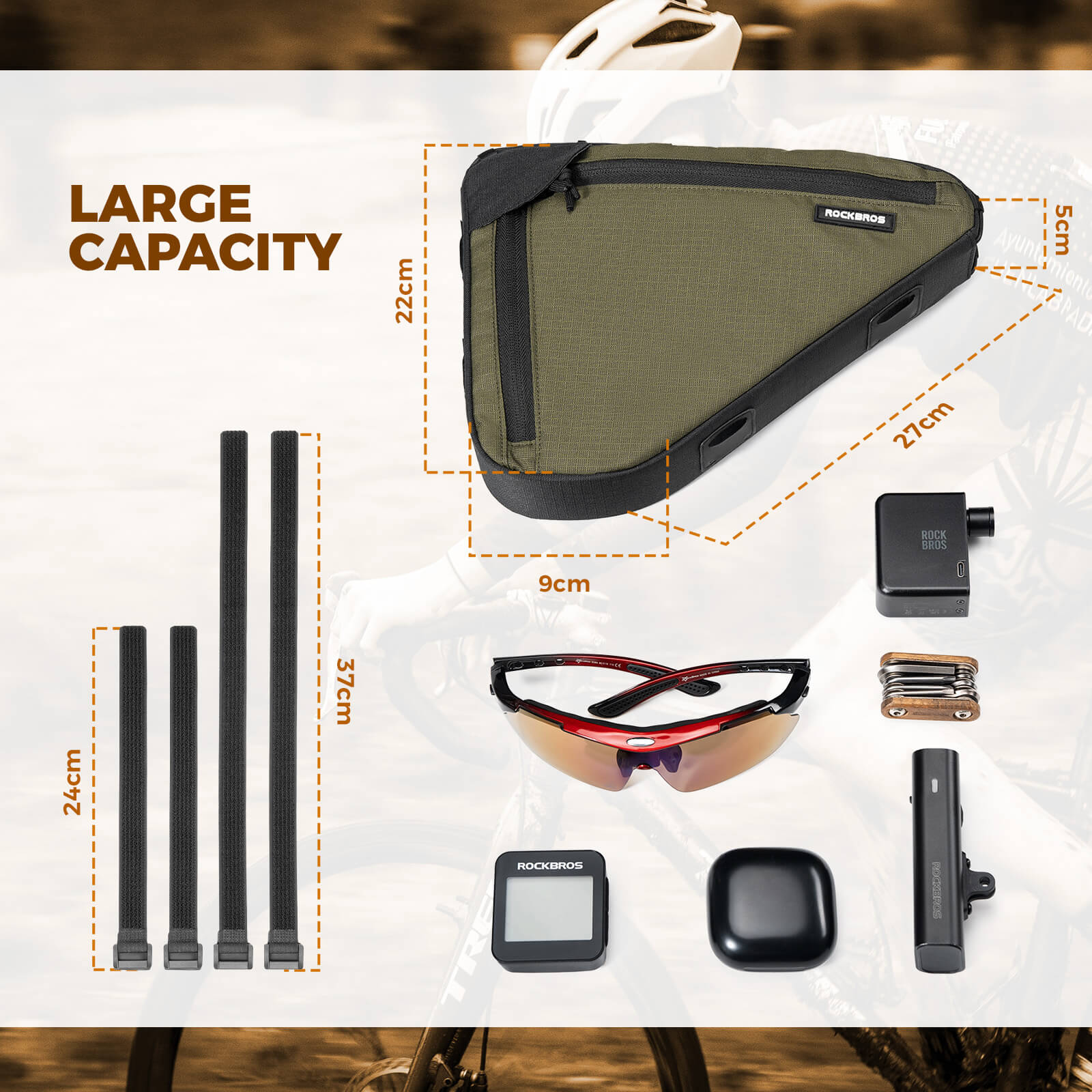 ROCKBROS 1.5L bike frame triangle bag B128, compact and durable design for convenient storage of essentials during cycling trips.