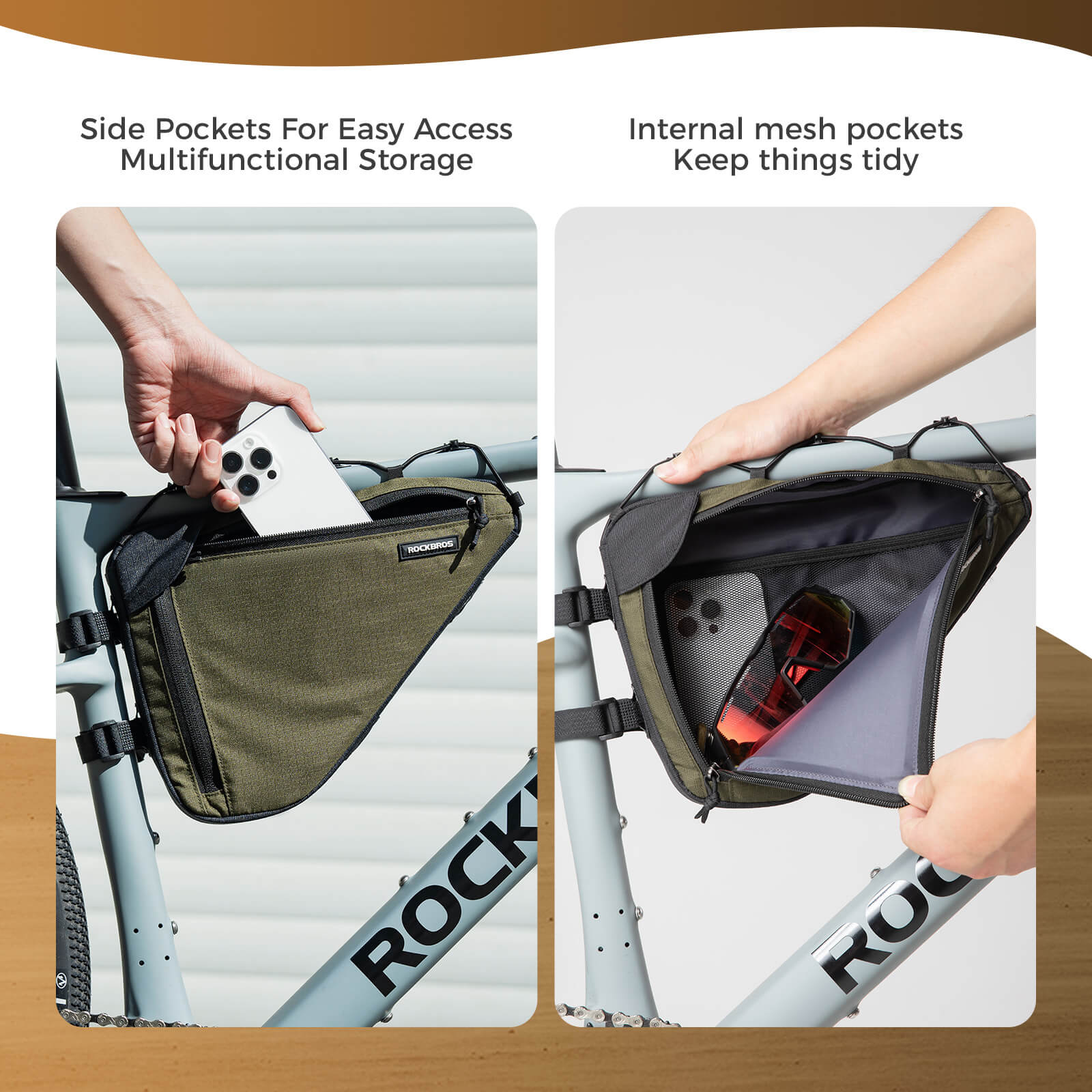 ROCKBROS 1.5L bike frame triangle bag B128, compact and durable design for convenient storage of essentials during cycling trips.