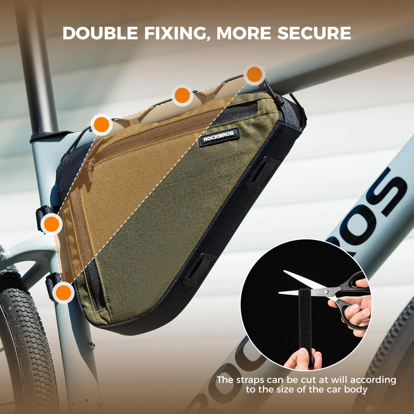 ROCKBROS 1.5L bike frame triangle bag B128, compact and durable design for convenient storage of essentials during cycling trips.