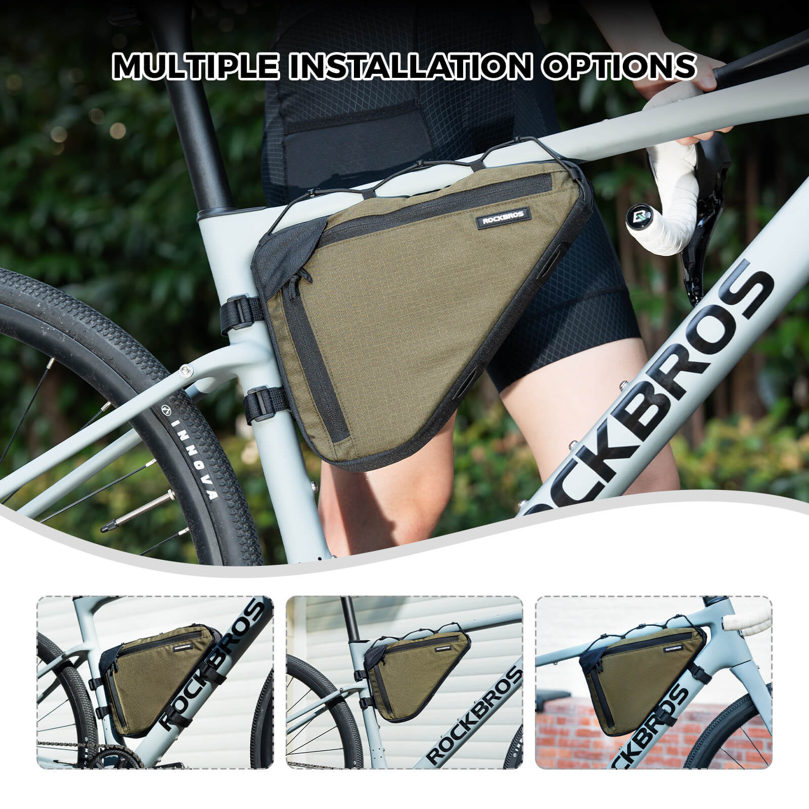 ROCKBROS 1.5L bike frame triangle bag B128, compact and durable design for convenient storage of essentials during cycling trips.