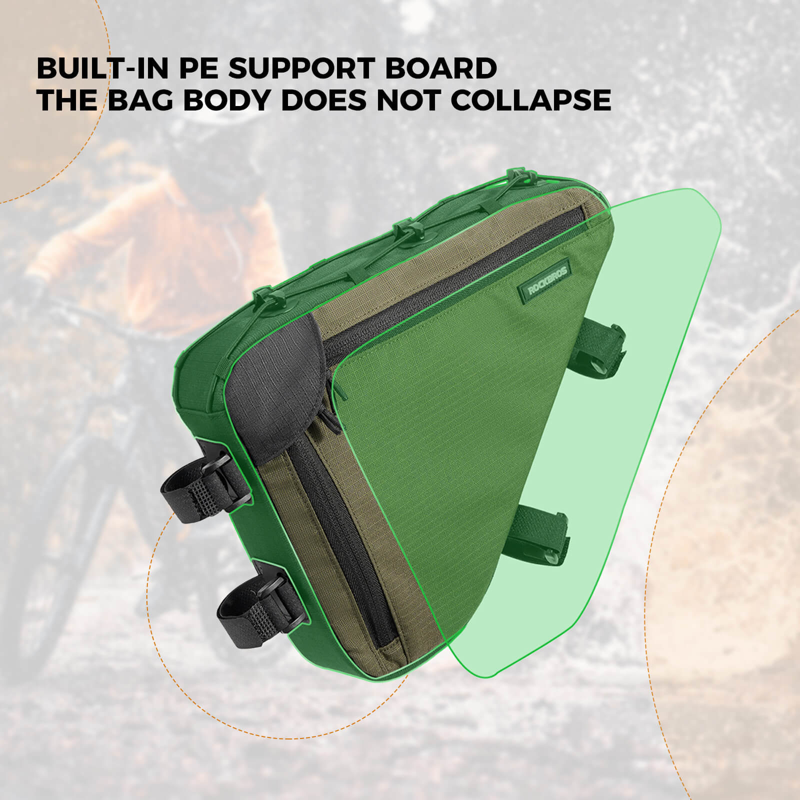ROCKBROS 1.5L bike frame triangle bag B128, compact and durable design for convenient storage of essentials during cycling trips.