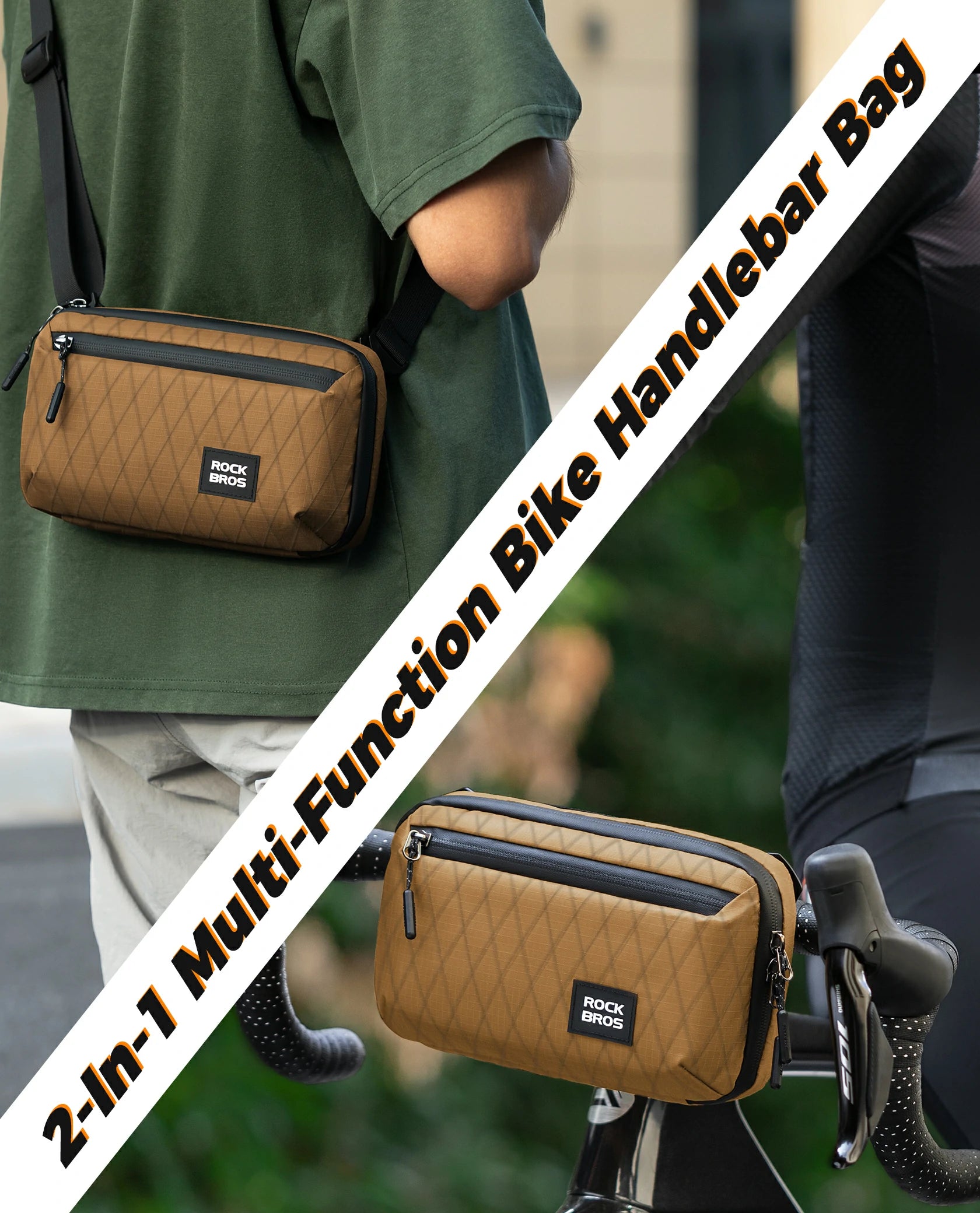 ROCKBROS bike handlebar bag, versatile crossbody bag, 2.1L capacity, durable and practical for cycling.