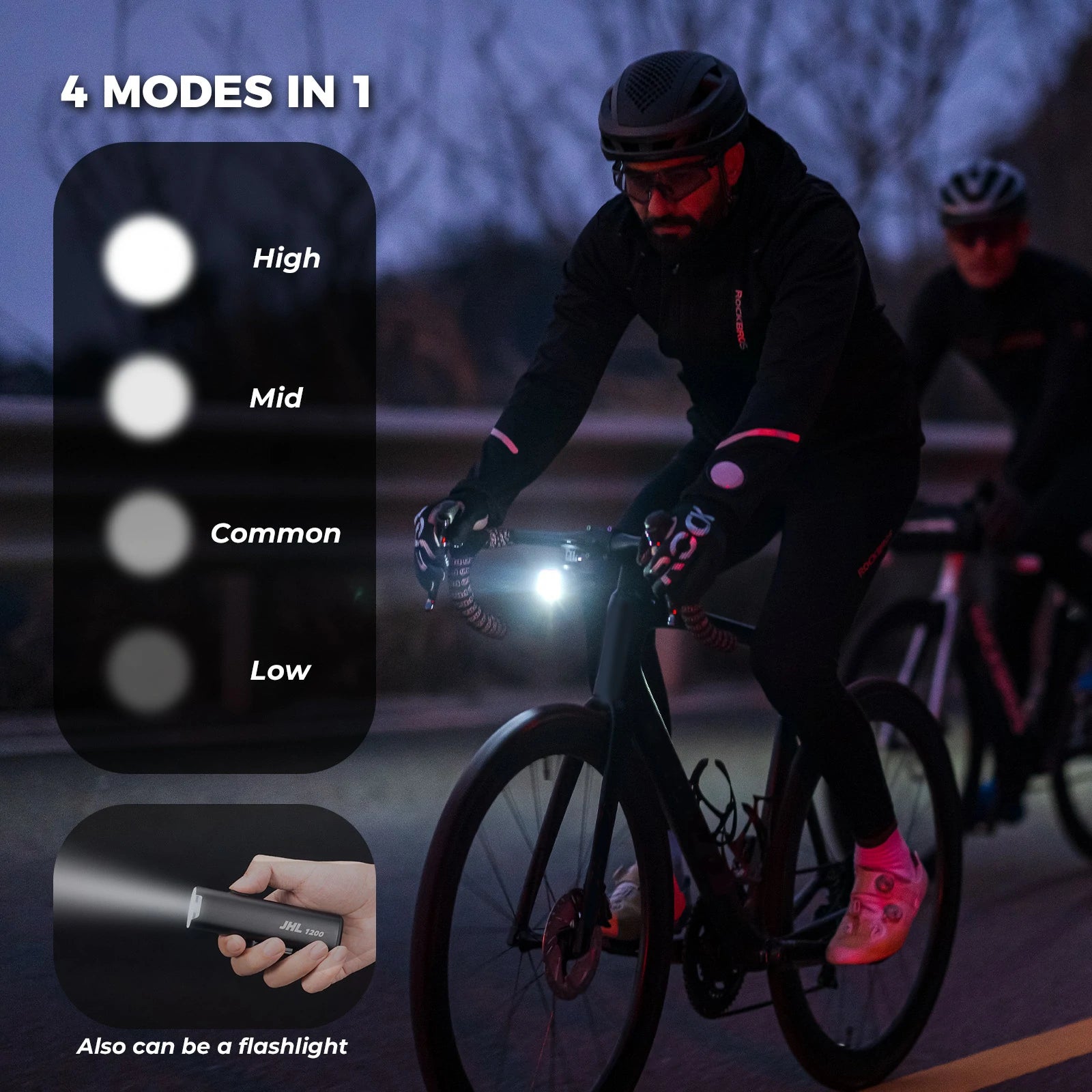 rockbros bike headlight 1200lm 5000mah type-c rechargeable front light for cycling