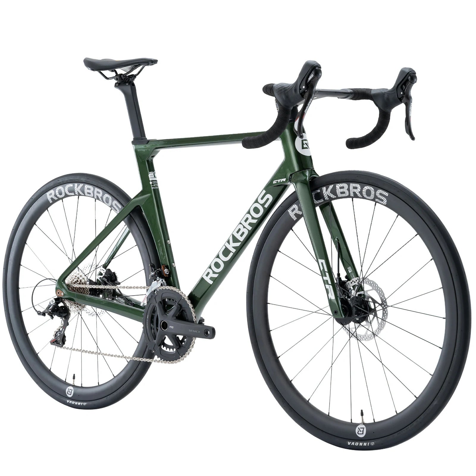 Rockbros carbon road bike in deep black with disc brakes and integrated carbon handlebar#COLOR_Dark Green